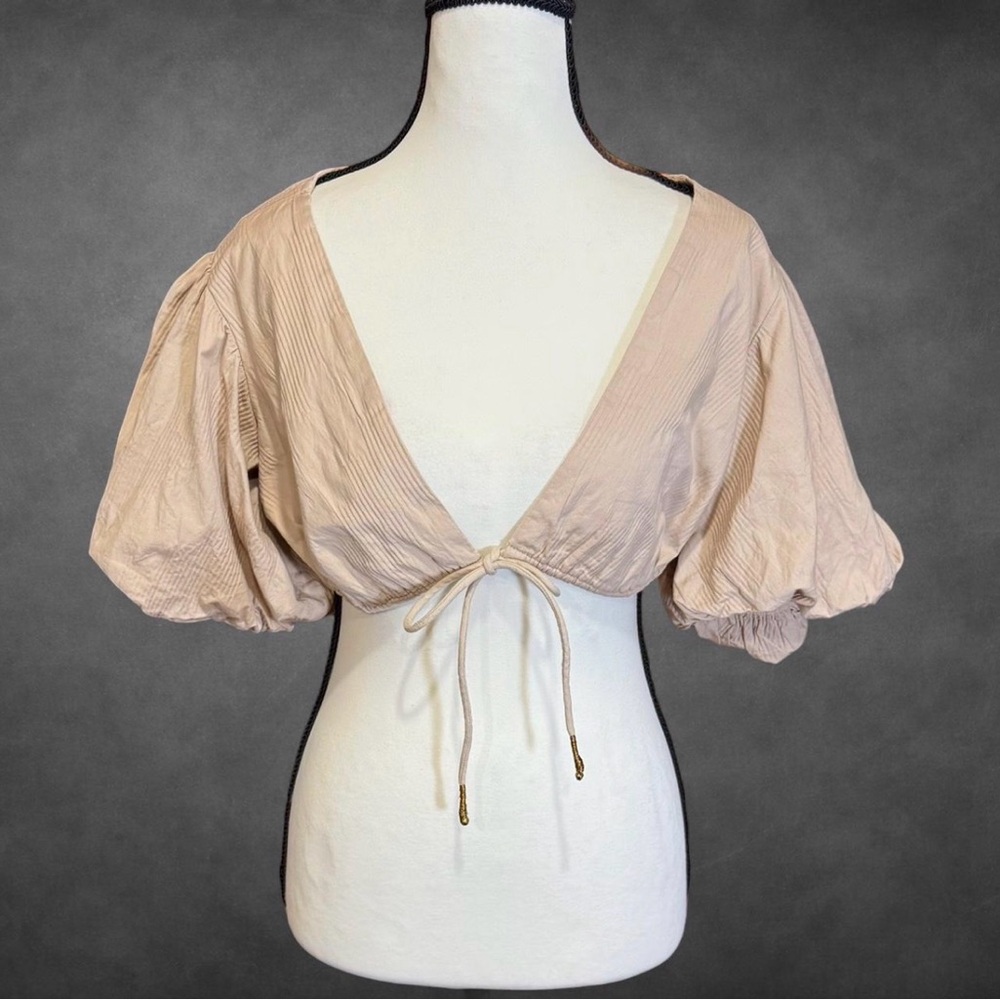 Free People Beige‎ Puff Sleeve Crop Top